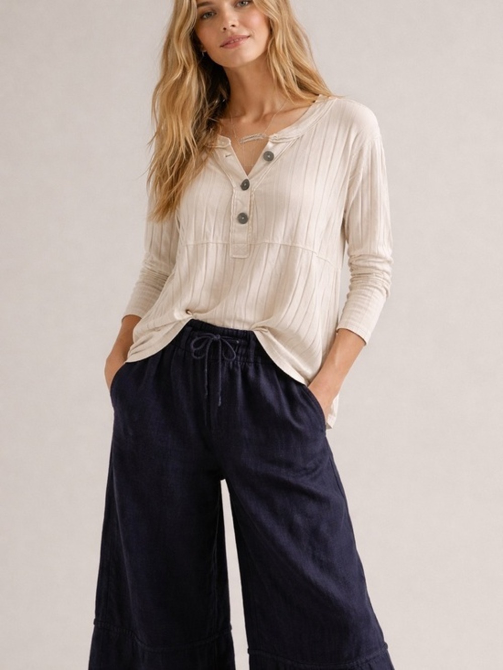 We the free relaxed fit cream ribbed long sleeve Henley